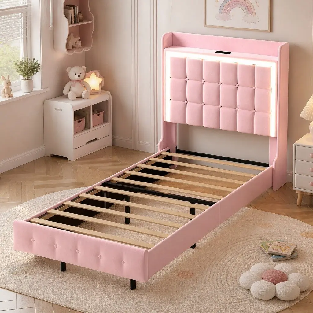 Pink Single Floating Bed Frame with LED Headboard