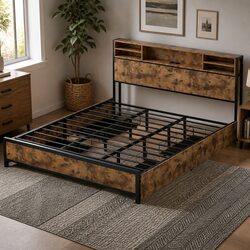 King Bed Frame with Storage Drawers and LED Headboard