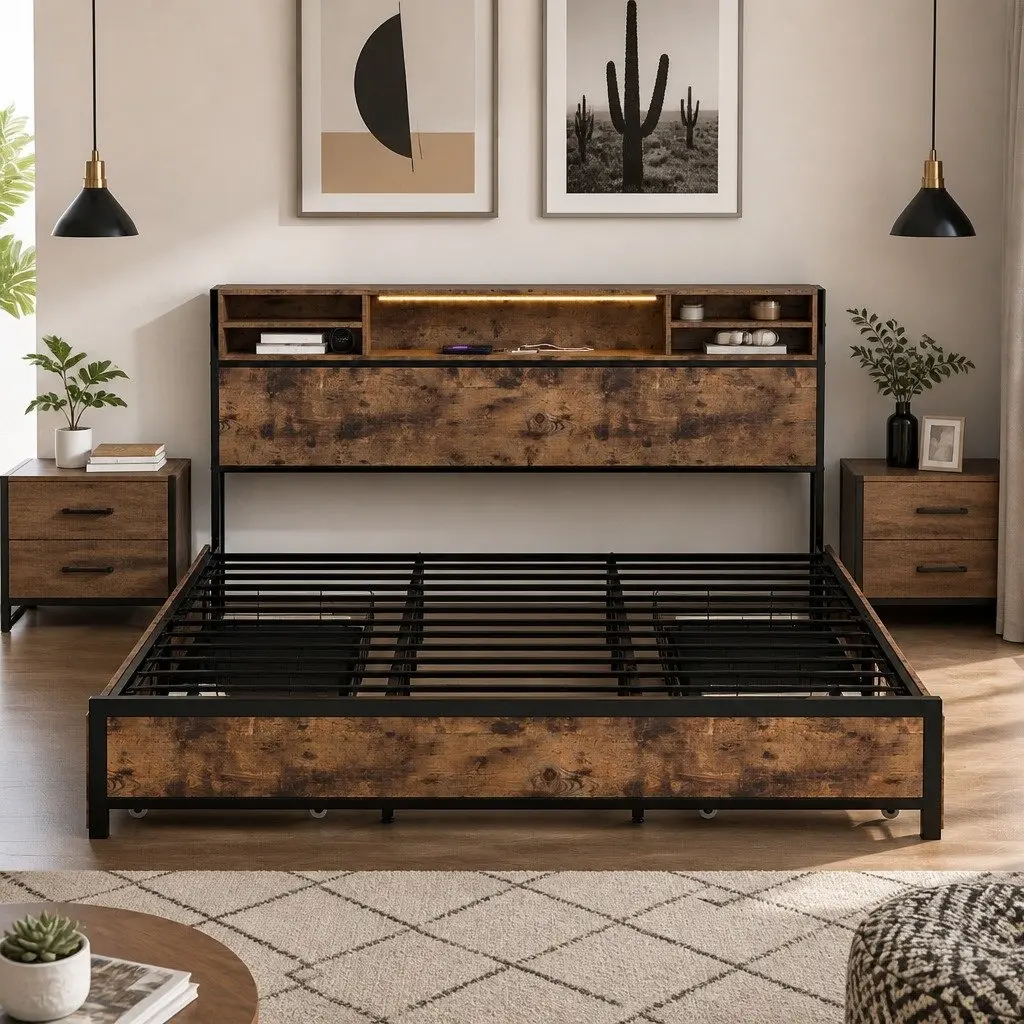 King Bed Frame Modern with Storage Drawers RGB LED Headboard Charging Station Brown MDF Steel 221cm x 153cm x 100cm