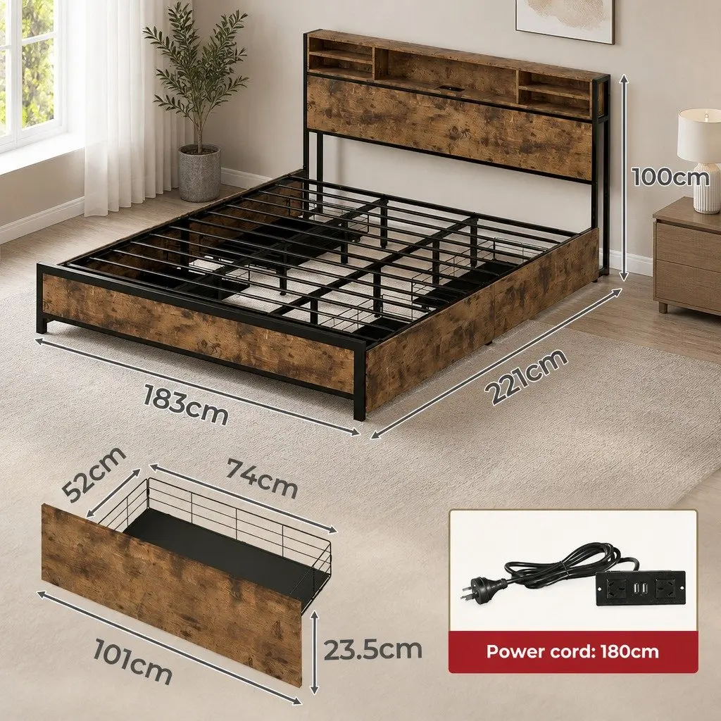King Bed Frame Modern with Storage Drawers RGB LED Headboard Charging Station Brown MDF Steel 221cm x 153cm x 100cm