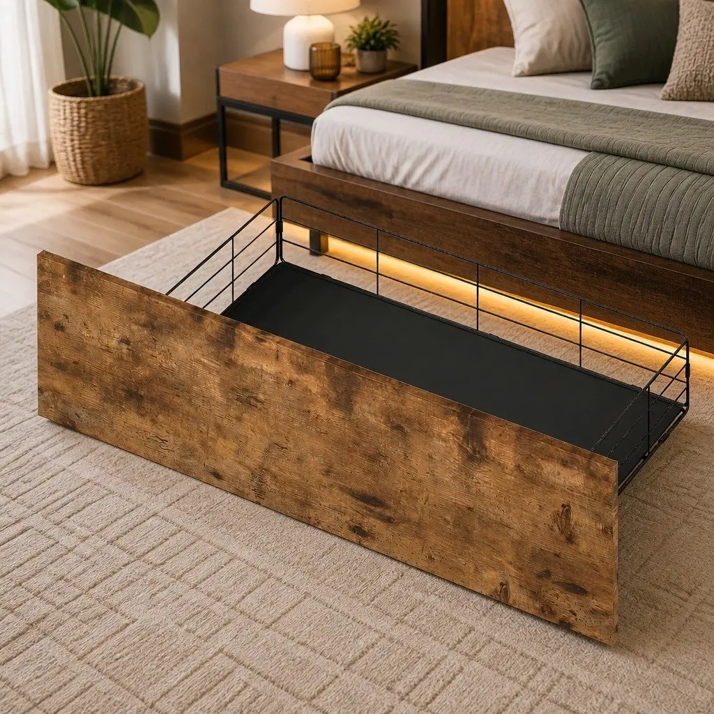 King Bed Frame Modern with Storage Drawers RGB LED Headboard Charging Station Brown MDF Steel 221cm x 153cm x 100cm