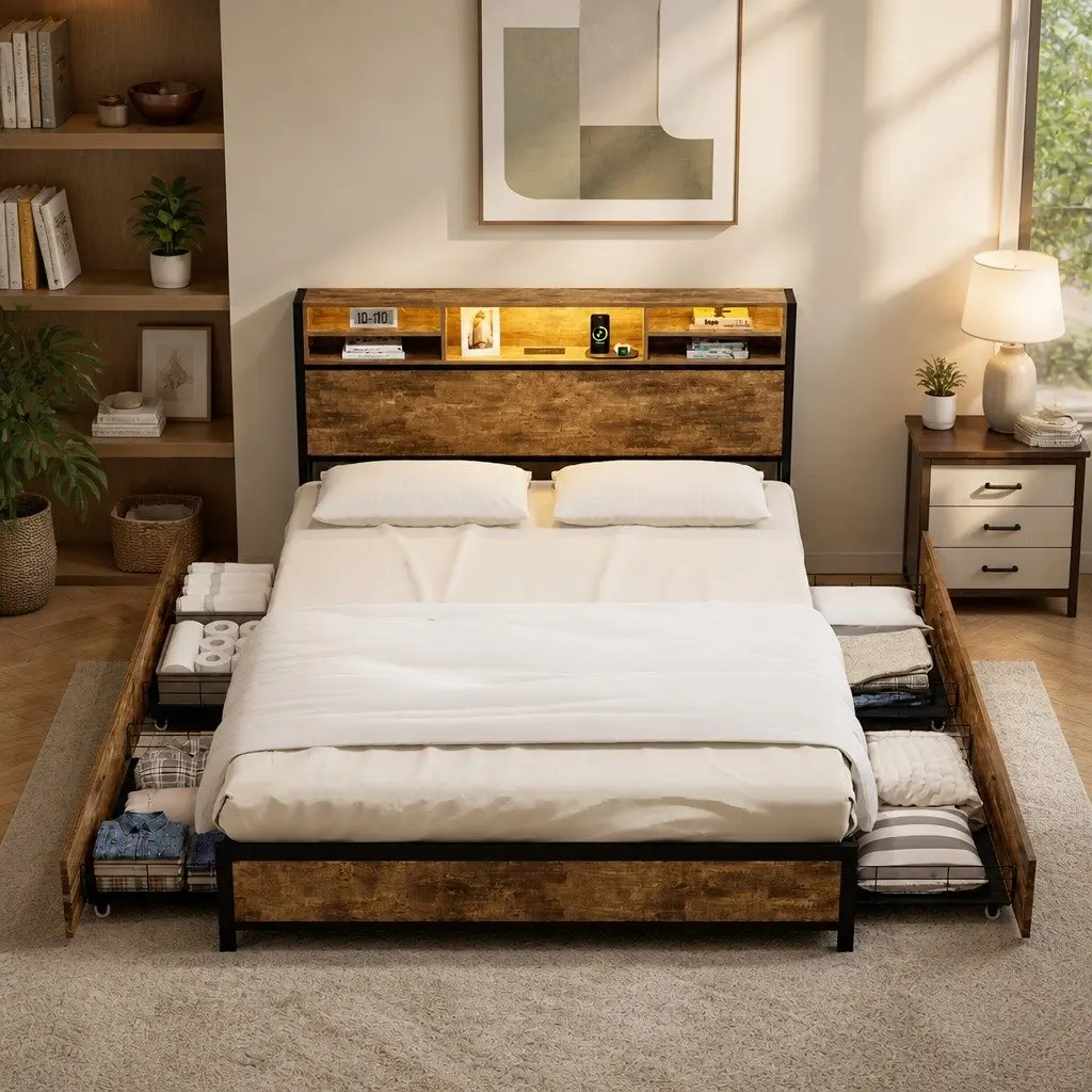 King Bed Frame Modern with Storage Drawers RGB LED Headboard Charging Station Brown MDF Steel 221cm x 153cm x 100cm