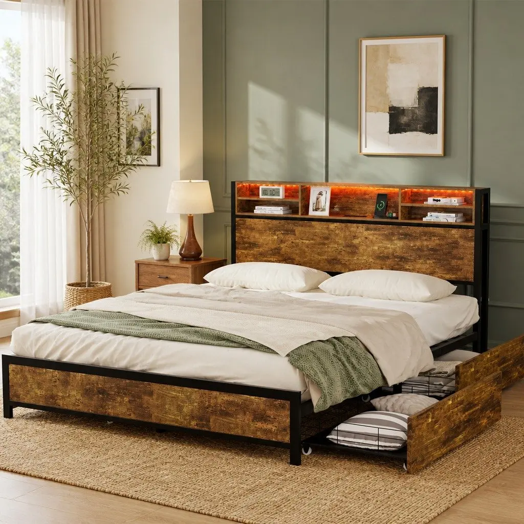 King Bed Frame Modern with Storage Drawers RGB LED Headboard Charging Station Brown MDF Steel 221cm x 153cm x 100cm