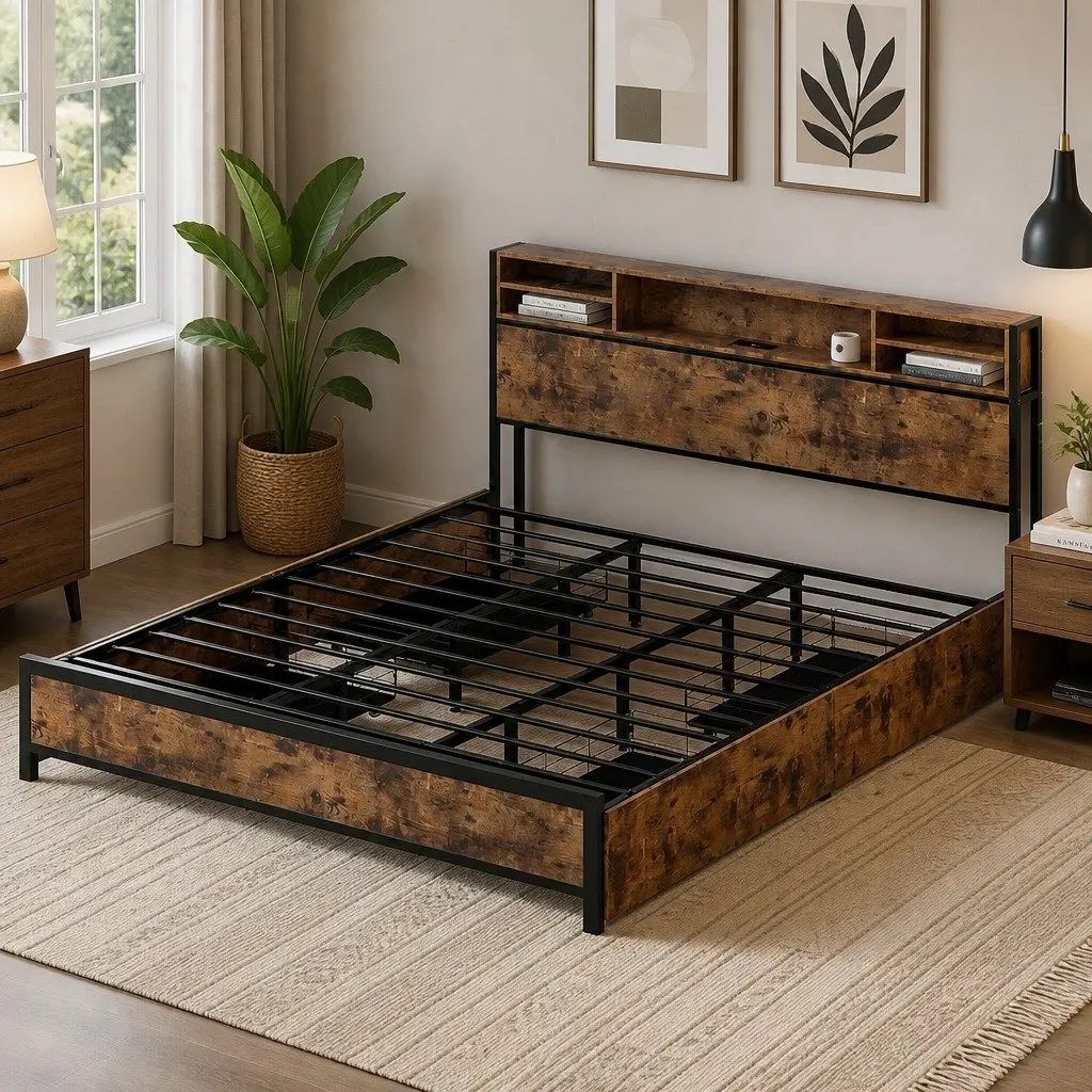 King Bed Frame Modern with Storage Drawers RGB LED Headboard Charging Station Brown MDF Steel 221cm x 153cm x 100cm