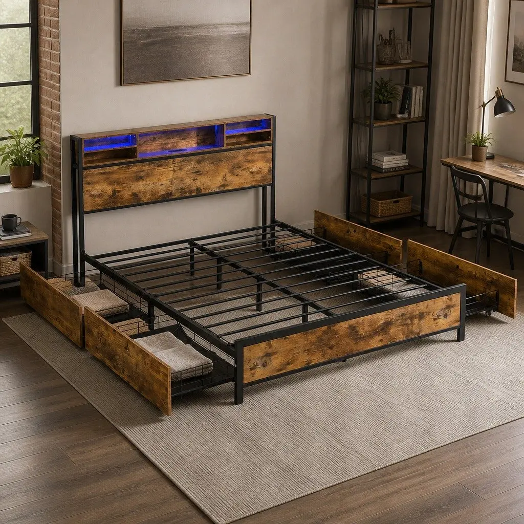 Queen Bed Frame LED Light Storage Drawers Headboard Charging Station Brown Steel