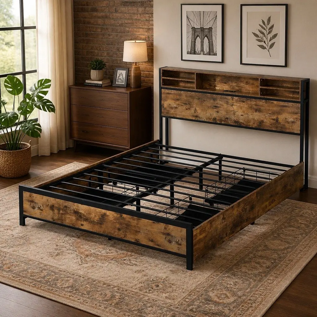 Queen Bed Frame LED Light Storage Drawers Headboard Charging Station Brown Steel