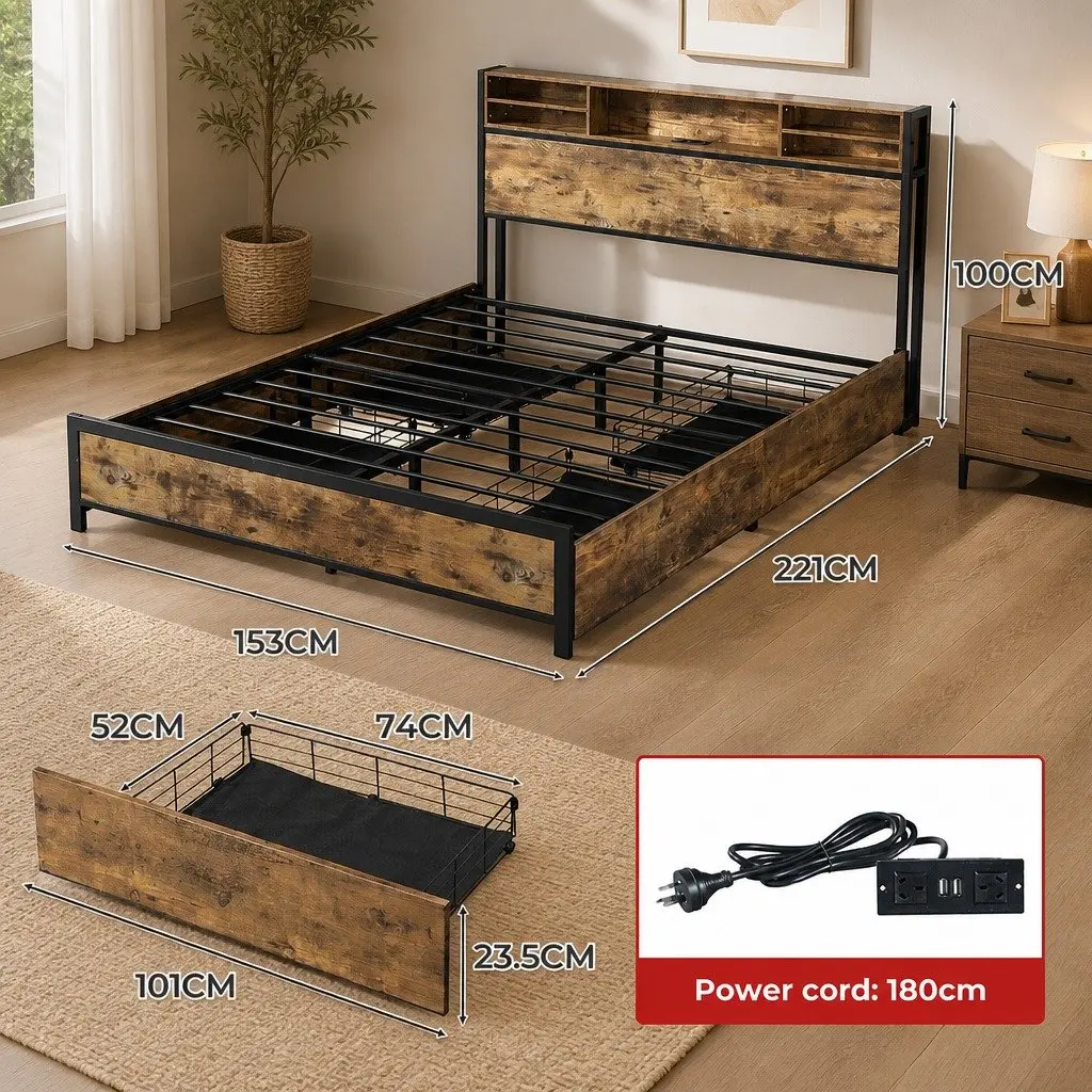 Queen Bed Frame LED Light Storage Drawers Headboard Charging Station Brown Steel