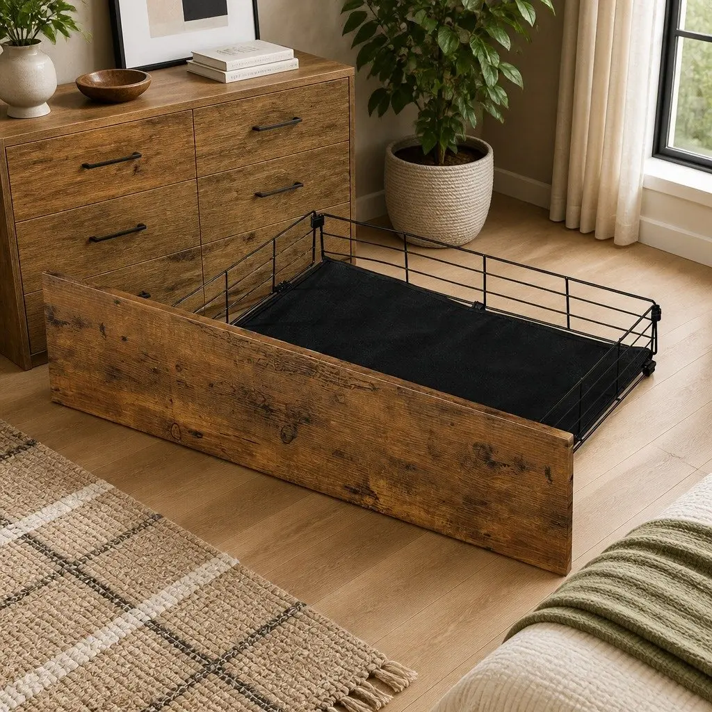 Queen Bed Frame LED Light Storage Drawers Headboard Charging Station Brown Steel