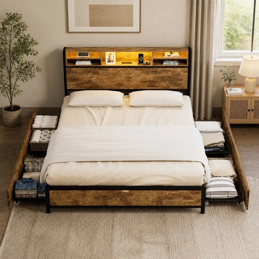 Queen Bed Frame LED Light Storage Drawers Headboard Charging Station Brown Steel