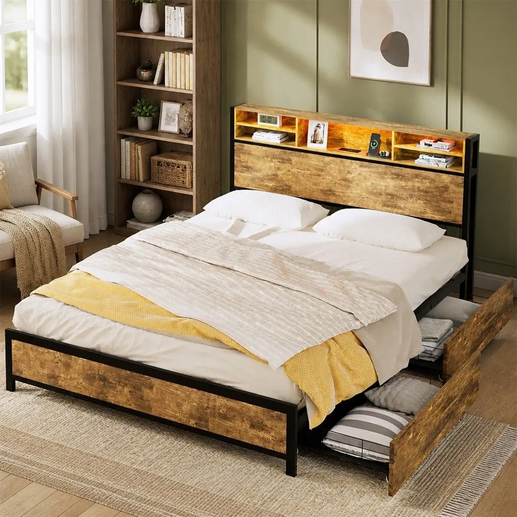 Queen Bed Frame LED Light Storage Drawers Headboard Charging Station Brown Steel