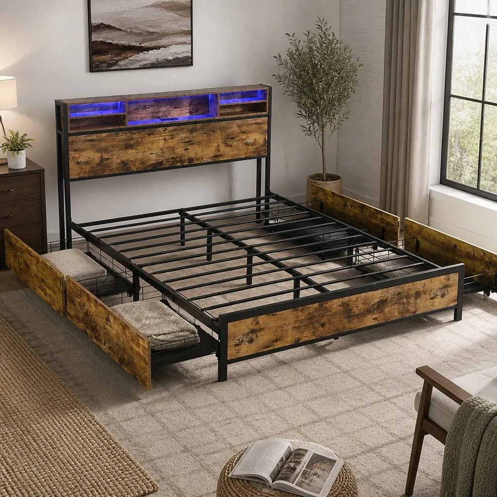 Queen Bed Frame LED Light Storage Drawers Headboard Charging Station Brown Steel