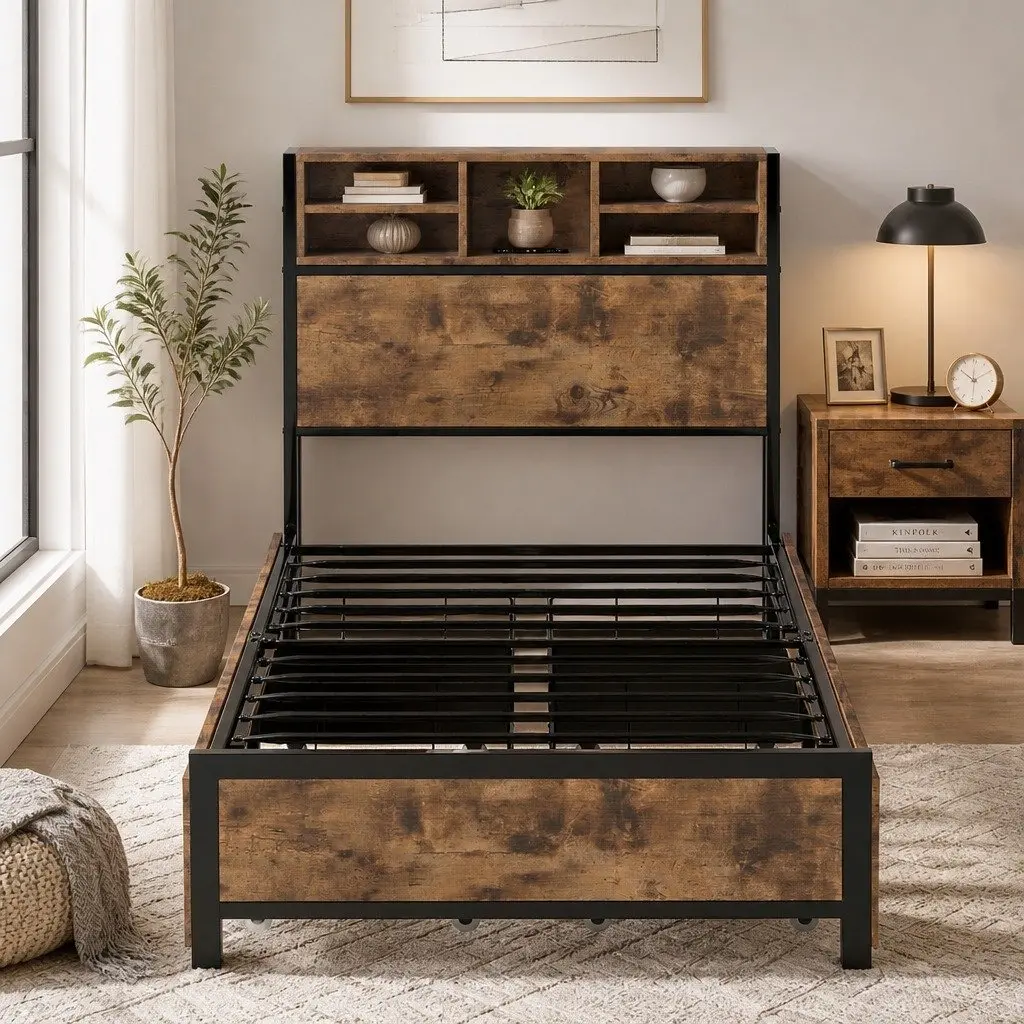 Single Bed Frame with Storage Drawers LED Headboard Charging Station Bedroom