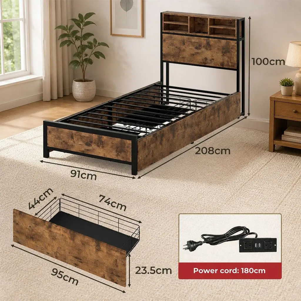 Single Bed Frame with Storage Drawers LED Headboard Charging Station Bedroom