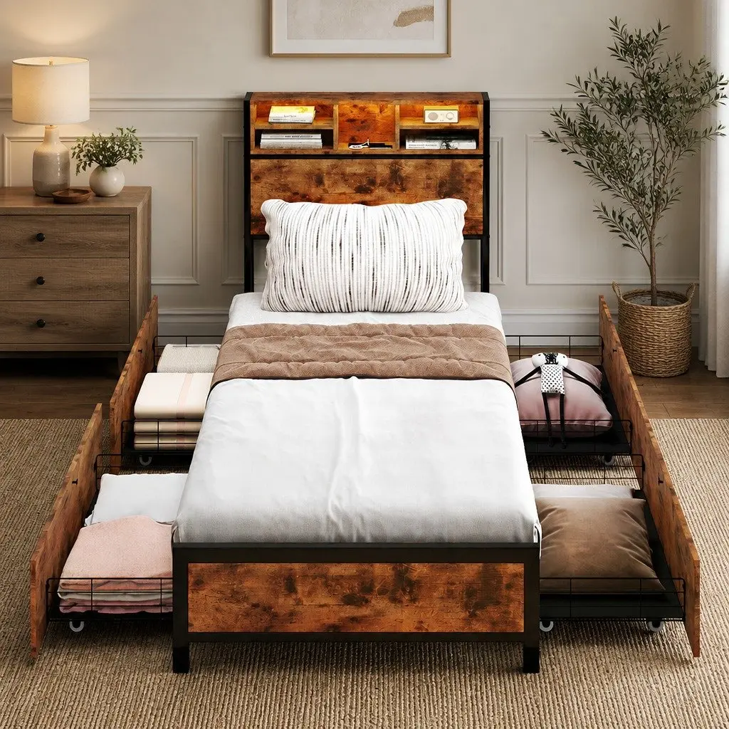 Single Bed Frame with Storage Drawers LED Headboard Charging Station Bedroom