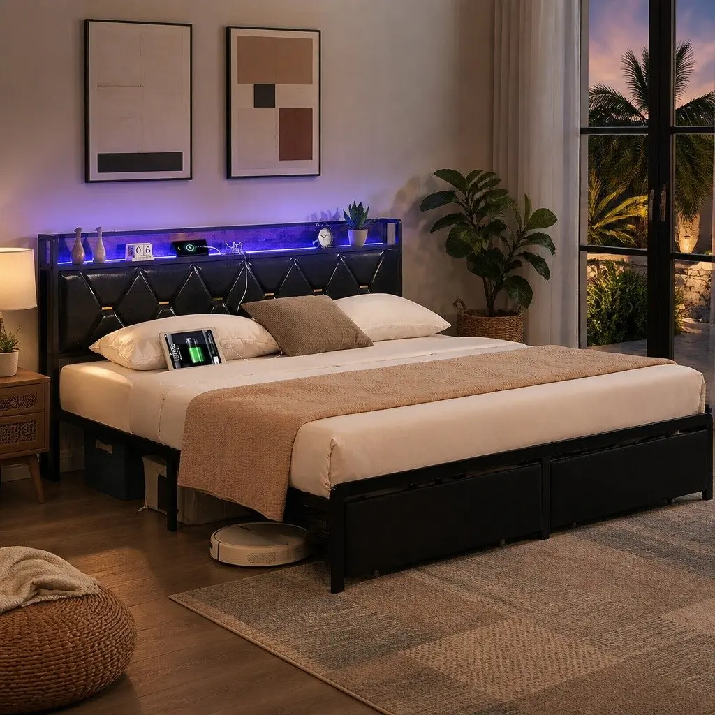 Double Metal Bed Frame with LED Lights Storage Drawers USB Charging Headboard