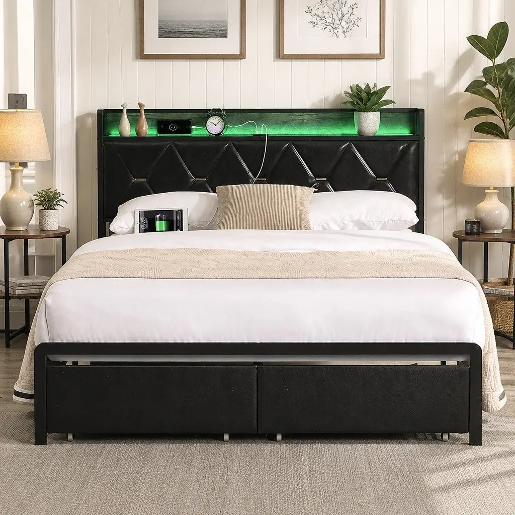 Double Metal Bed Frame with LED Lights Storage Drawers USB Charging Headboard