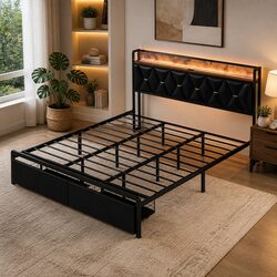 Elegant King Bed Frame with LED Headboard and Storage