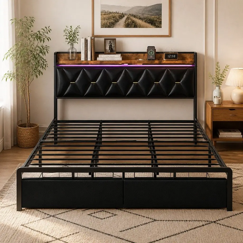 King Bed Frame Modern PU Leather LED Headboard Storage Drawers USB Charging Metal Base 223cm x 183cm