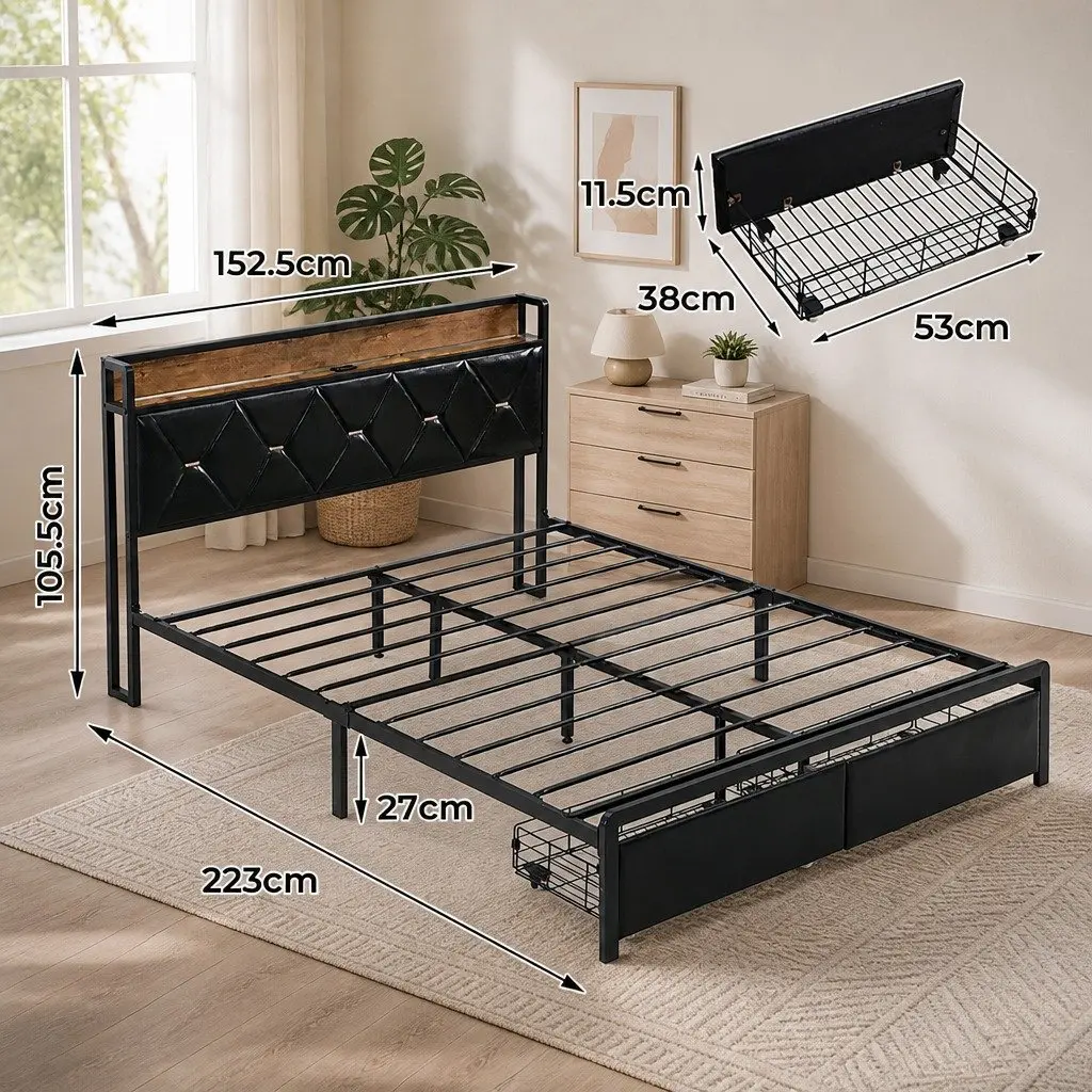 King Bed Frame Modern PU Leather LED Headboard Storage Drawers USB Charging Metal Base 223cm x 183cm