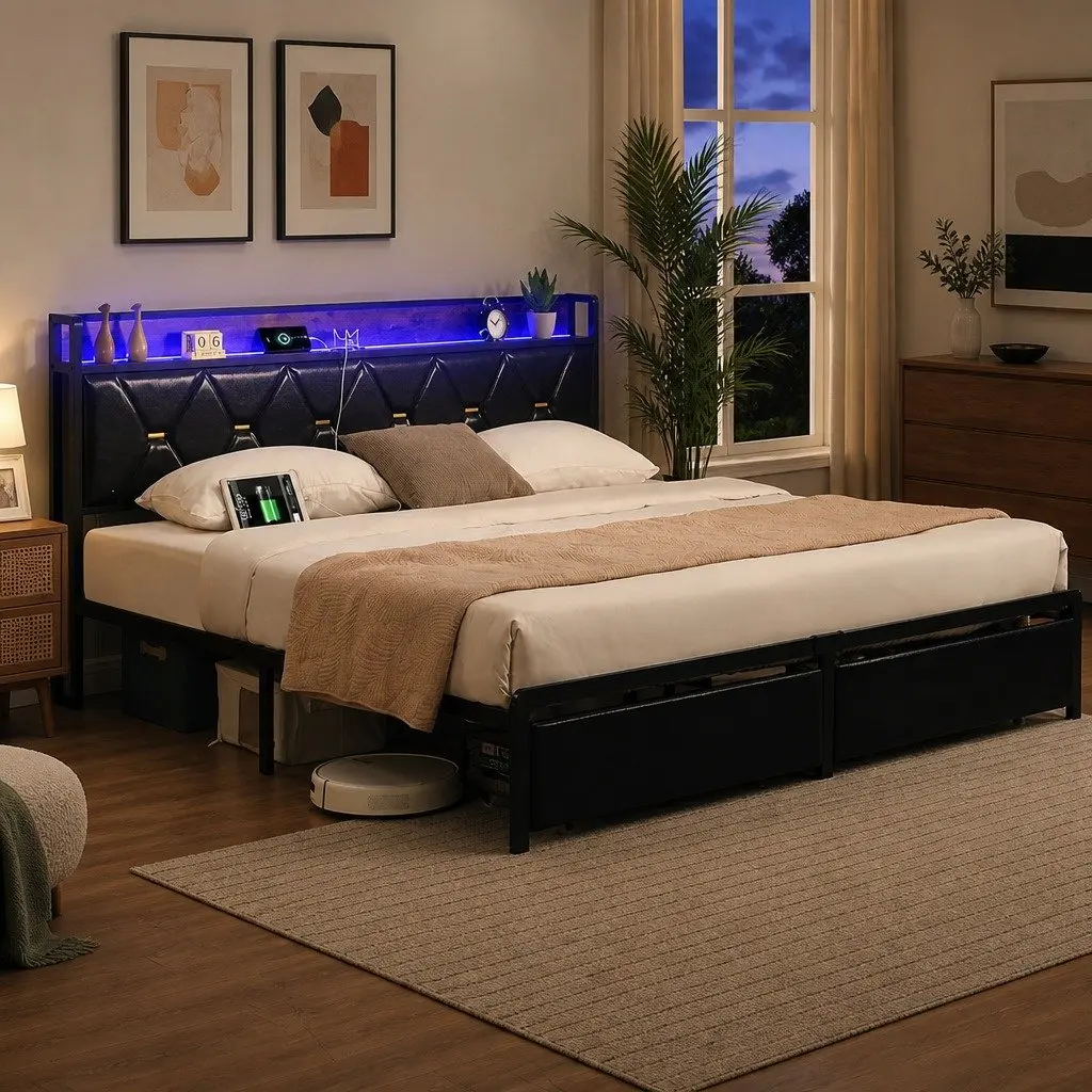 King Bed Frame Modern PU Leather LED Headboard Storage Drawers USB Charging Metal Base 223cm x 183cm