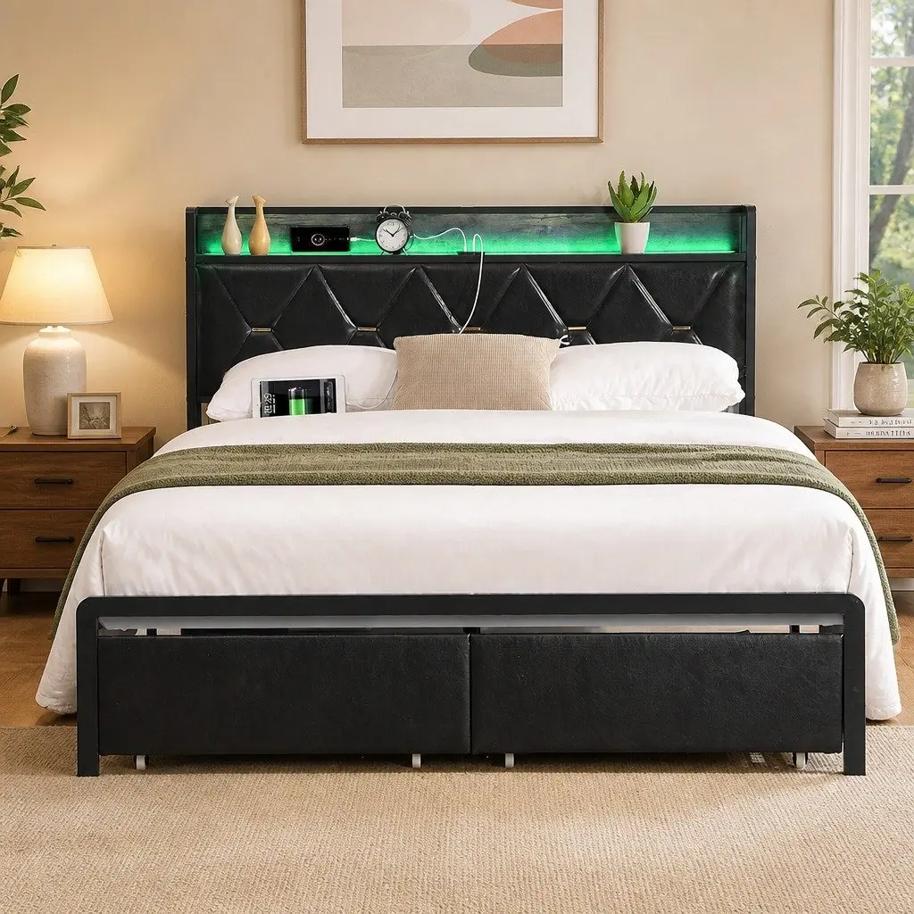 King Bed Frame Modern PU Leather LED Headboard Storage Drawers USB Charging Metal Base 223cm x 183cm