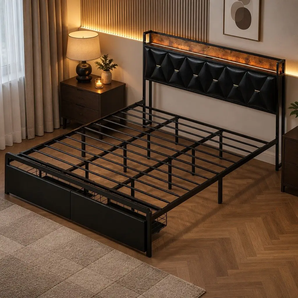 King Bed Frame Modern PU Leather LED Headboard Storage Drawers USB Charging Metal Base 223cm x 183cm
