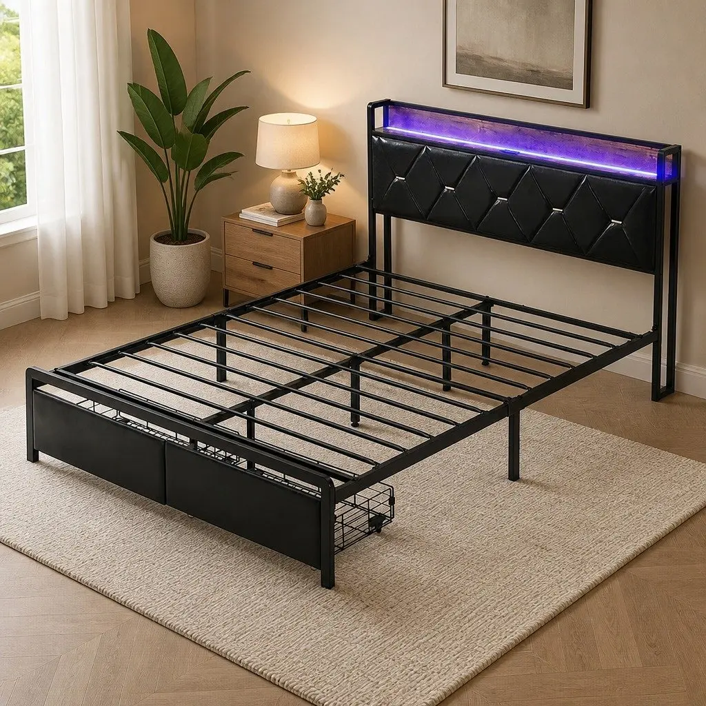 Queen Metal Bed Frame with RGB LED Lights Padded Headboard USB Charging Storage Drawers Black