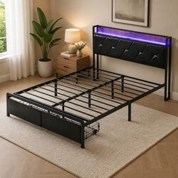 Queen Metal Bed Frame with USB Charging and LED Lights