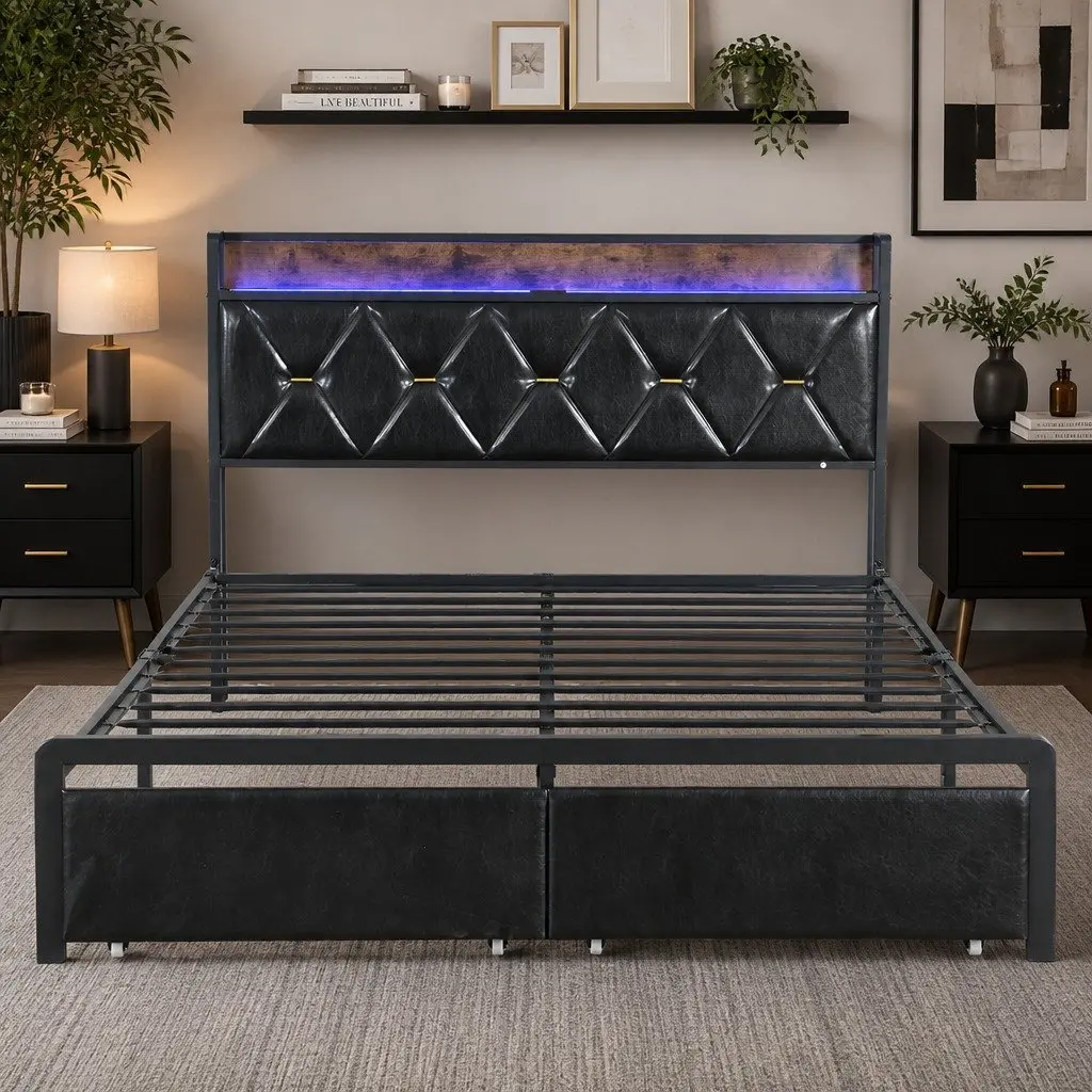 Queen Metal Bed Frame with RGB LED Lights Padded Headboard USB Charging Storage Drawers Black