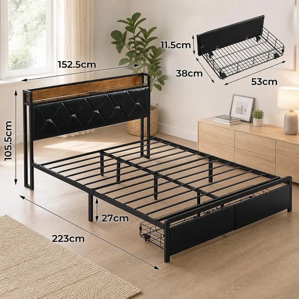 Queen Metal Bed Frame with RGB LED Lights Padded Headboard USB Charging Storage Drawers Black