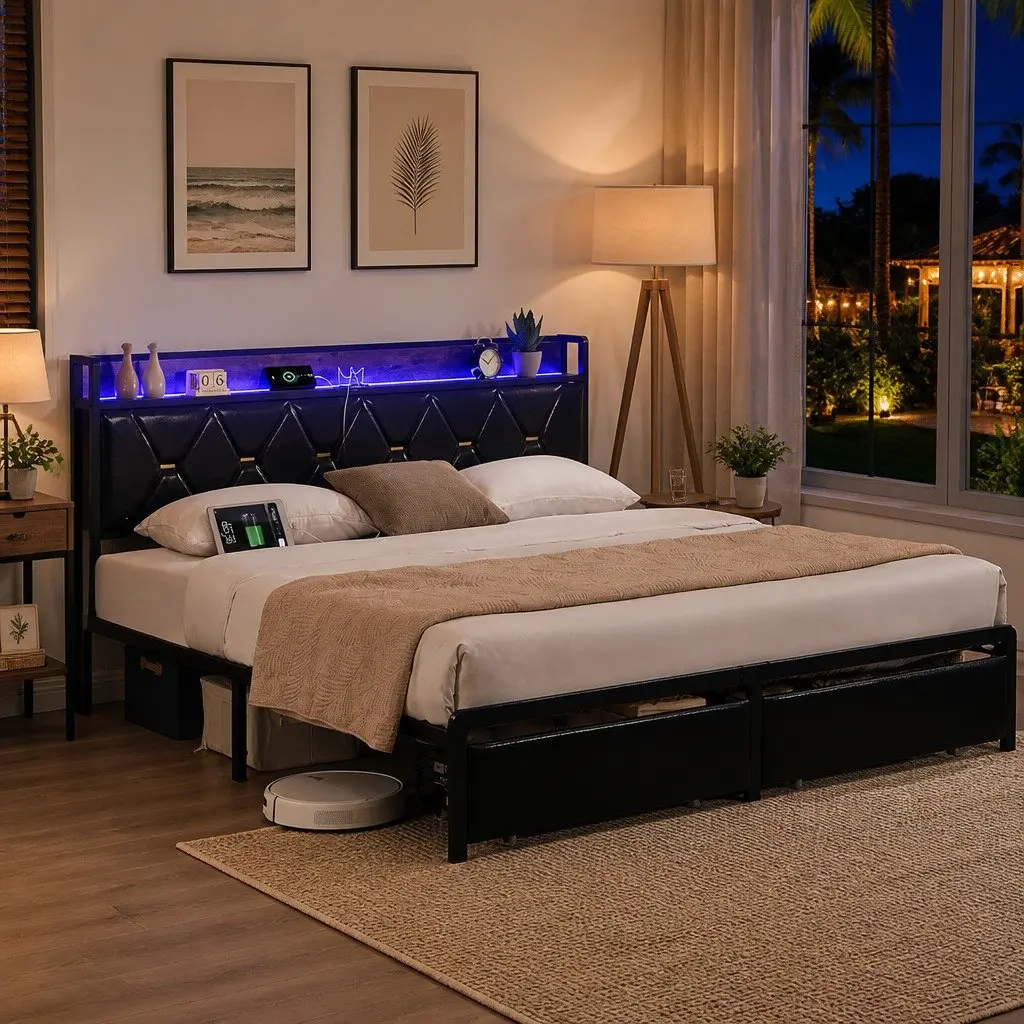Queen Metal Bed Frame with RGB LED Lights Padded Headboard USB Charging Storage Drawers Black