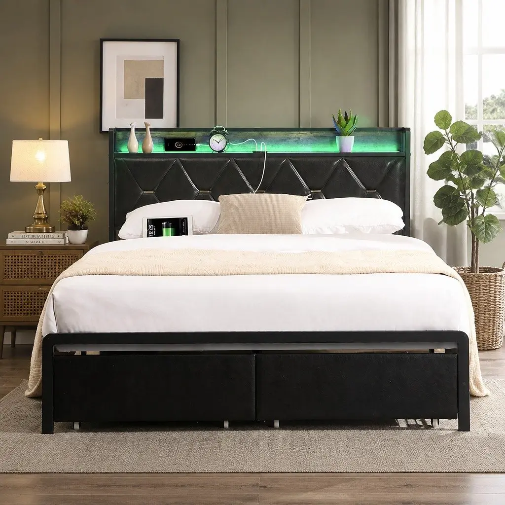 Queen Metal Bed Frame with RGB LED Lights Padded Headboard USB Charging Storage Drawers Black