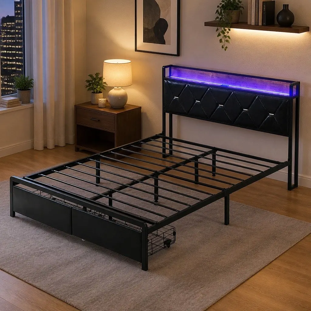 Queen Metal Bed Frame with RGB LED Lights Padded Headboard USB Charging Storage Drawers Black