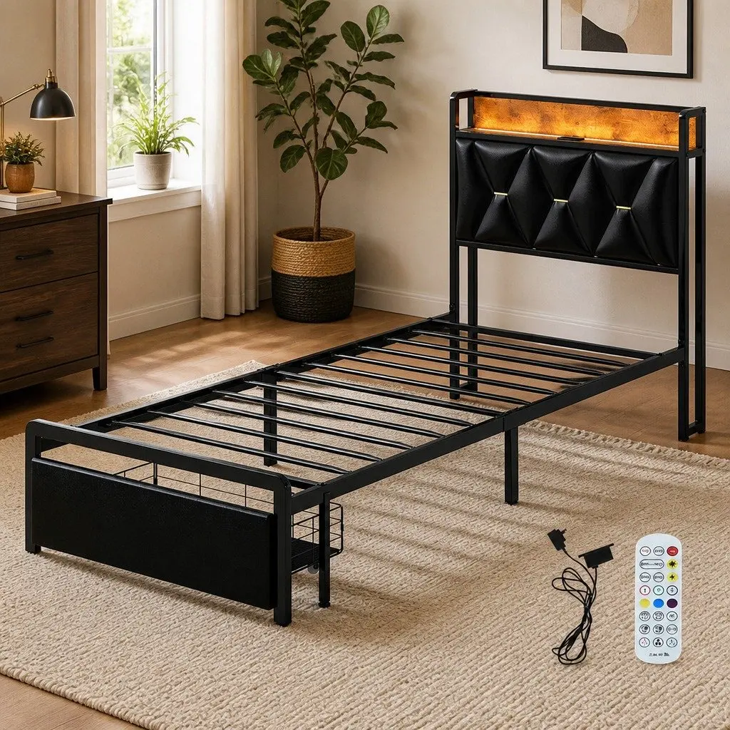 LED Headboard Single Bed Frame with Storage Drawers
