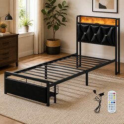 LED Headboard Single Bed Frame with Storage Drawers