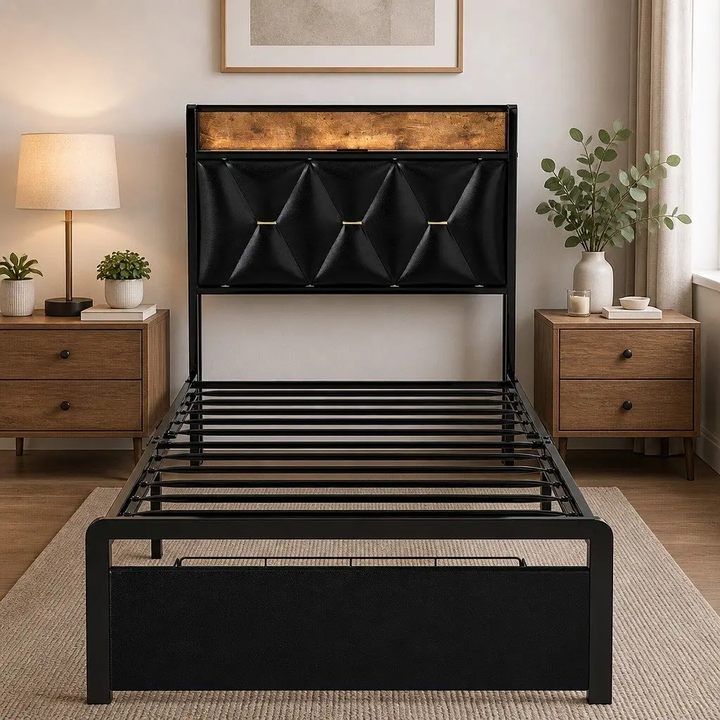 LED Headboard Single Bed Frame with Storage Drawers