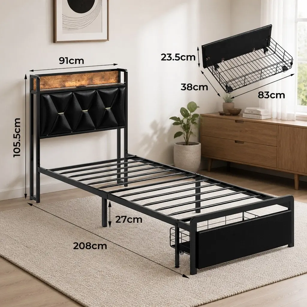 LED Headboard Single Bed Frame with Storage Drawers