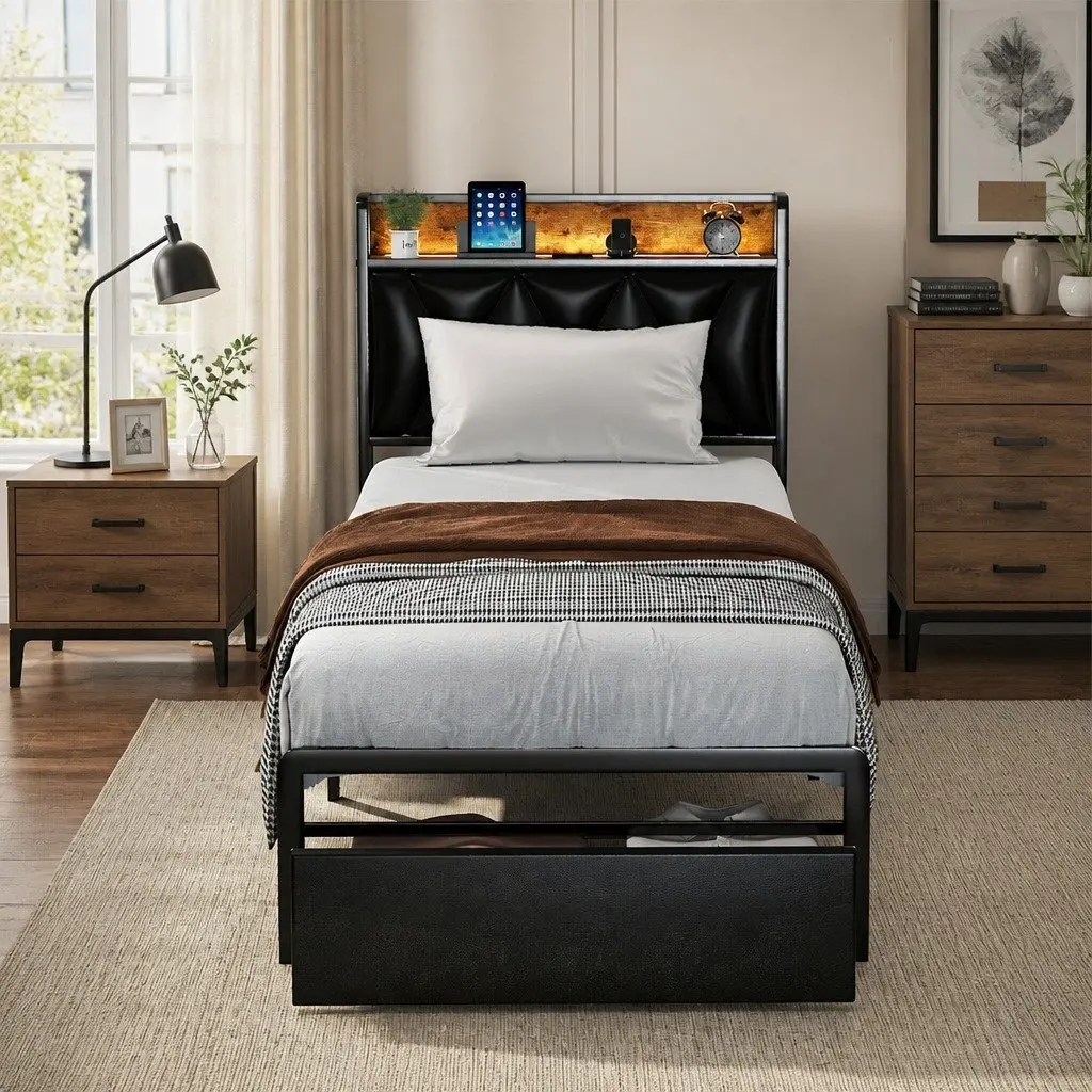 LED Headboard Single Bed Frame with Storage Drawers