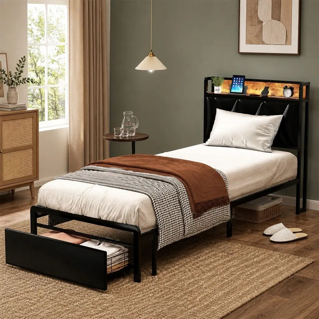 LED Headboard Single Bed Frame with Storage Drawers