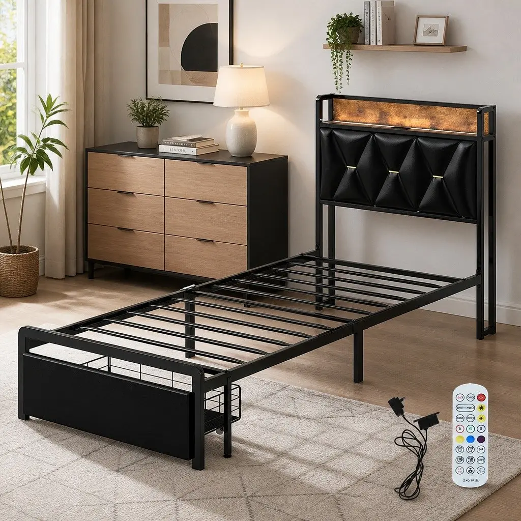 LED Headboard Single Bed Frame with Storage Drawers