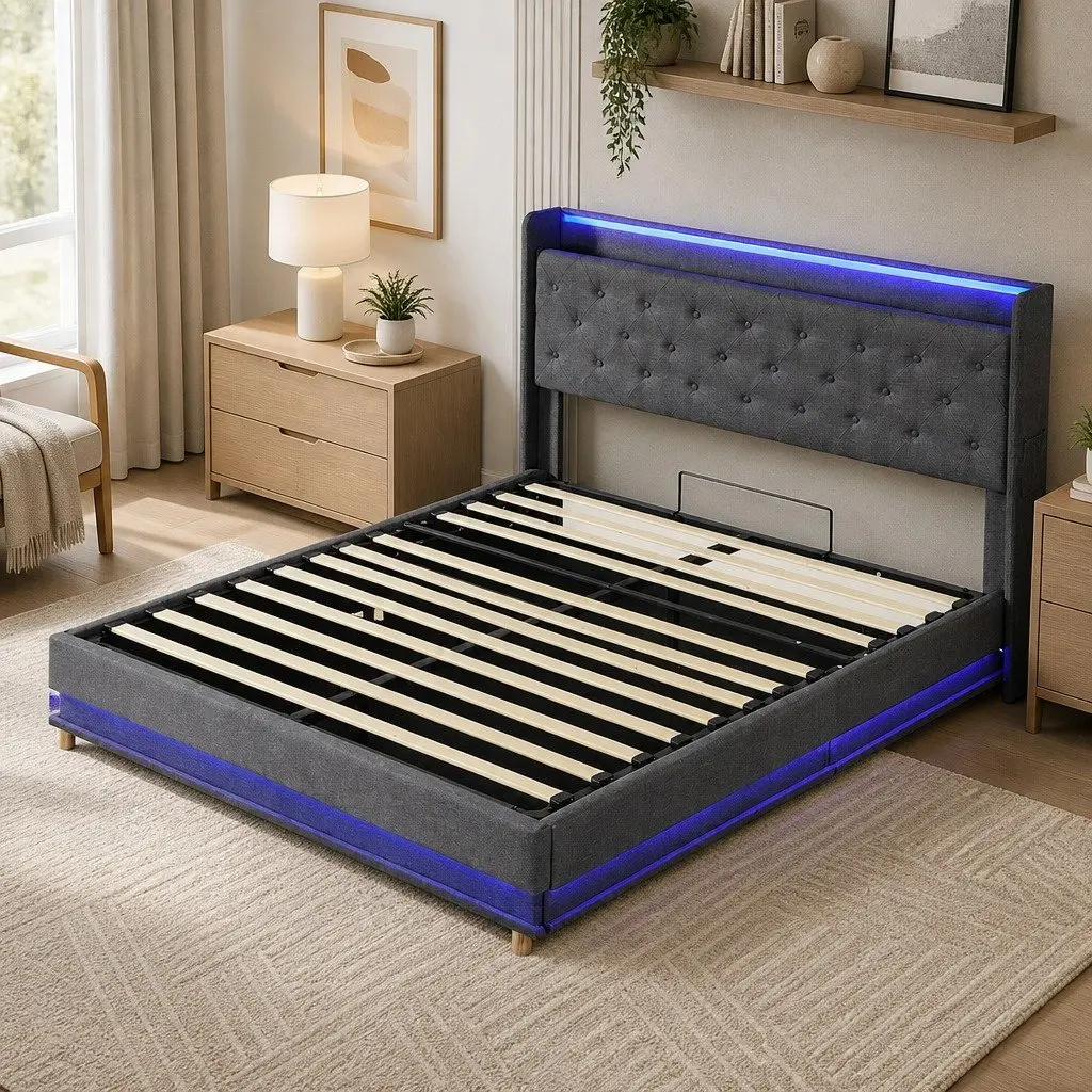 Double Bed Frame Gas Lift Storage LED Light Headboard USB Charging Grey Linen Metal Wood