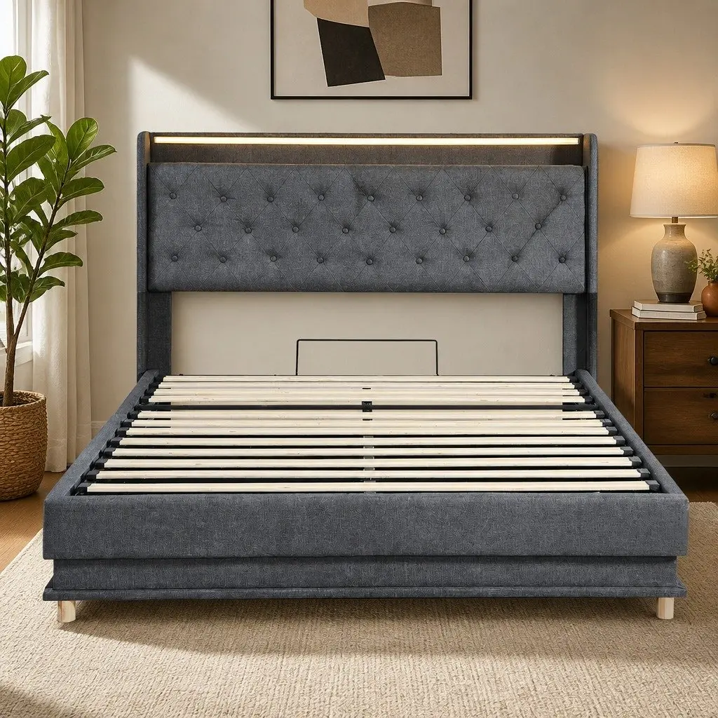 Double Bed Frame Gas Lift Storage LED Light Headboard USB Charging Grey Linen Metal Wood