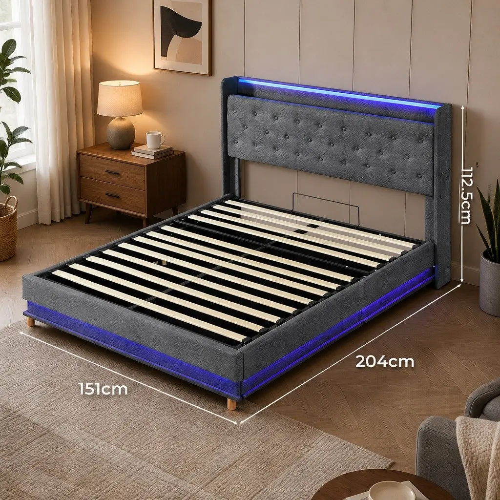 Double Bed Frame Gas Lift Storage LED Light Headboard USB Charging Grey Linen Metal Wood