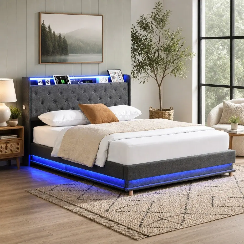 Double Bed Frame Gas Lift Storage LED Light Headboard USB Charging Grey Linen Metal Wood