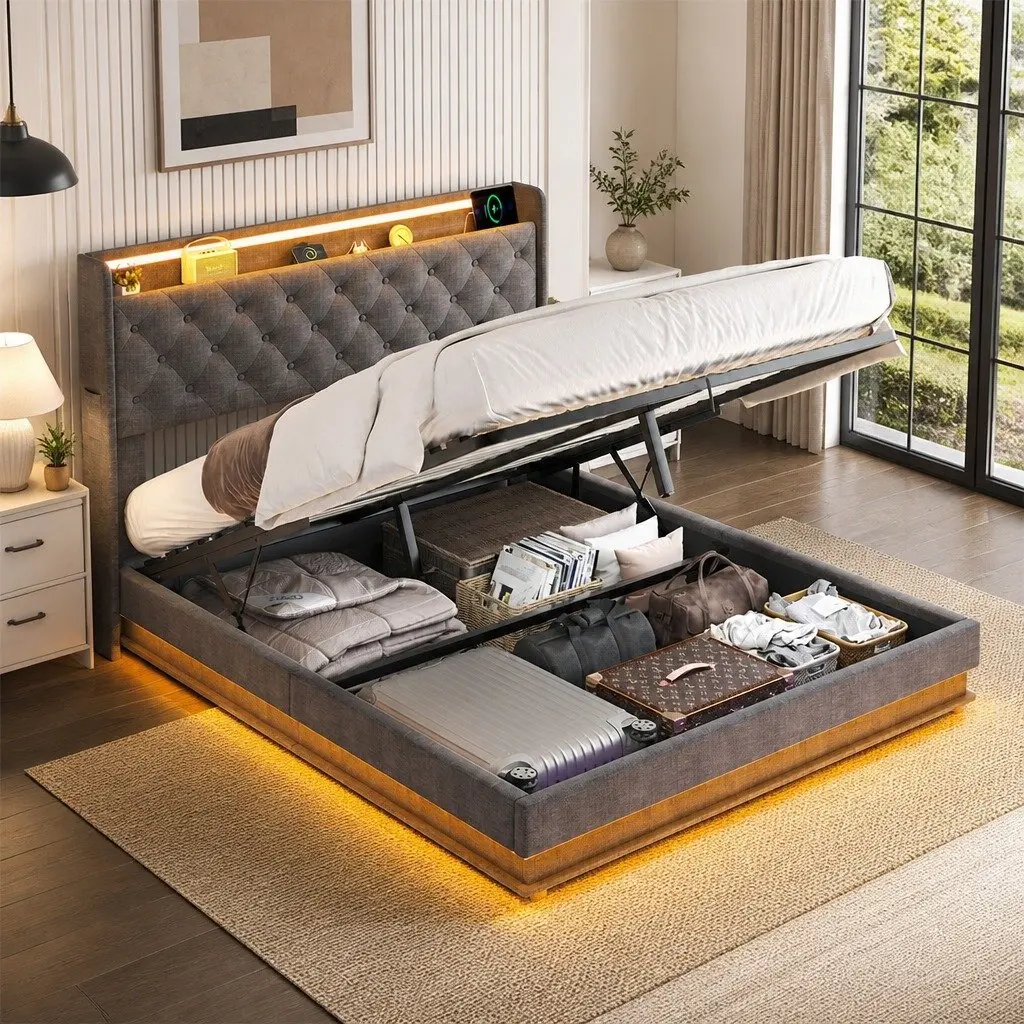 Double Bed Frame Gas Lift Storage LED Light Headboard USB Charging Grey Linen Metal Wood
