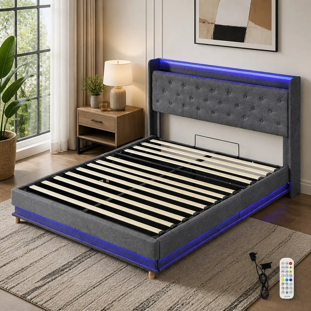Double Bed Frame Gas Lift Storage LED Light Headboard USB Charging Grey Linen Metal Wood