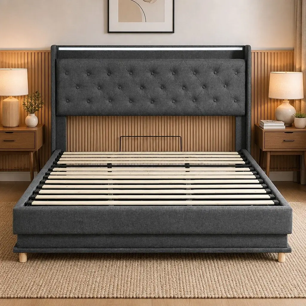 King Bed Frame Linen Upholstered Grey Gas Lift Storage USB Charging LED Light