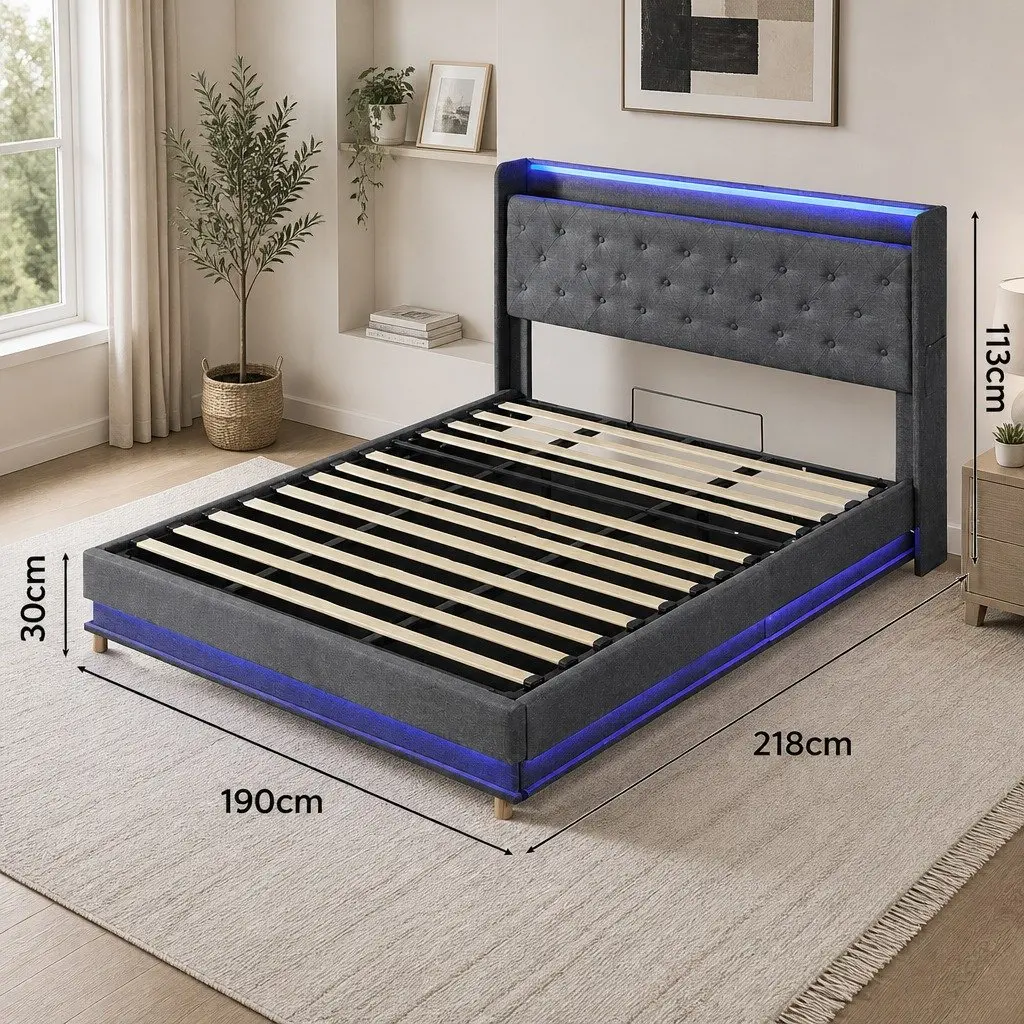 King Bed Frame Linen Upholstered Grey Gas Lift Storage USB Charging LED Light