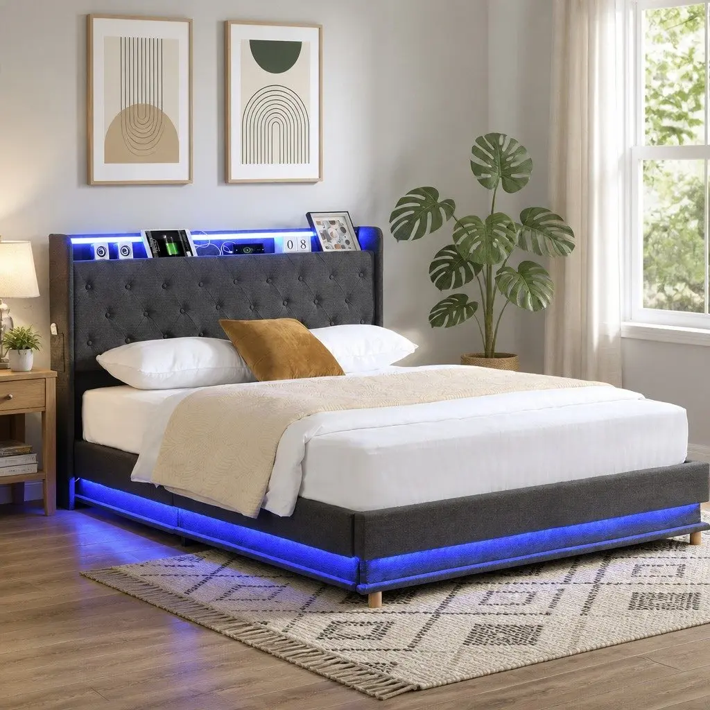 King Bed Frame Linen Upholstered Grey Gas Lift Storage USB Charging LED Light