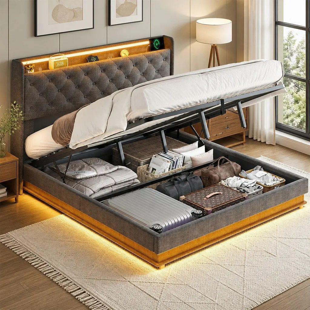 King Bed Frame Linen Upholstered Grey Gas Lift Storage USB Charging LED Light